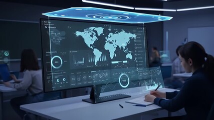 Woman interacts with a large, transparent holographic data display in a cool-toned office - Powered by Adobe