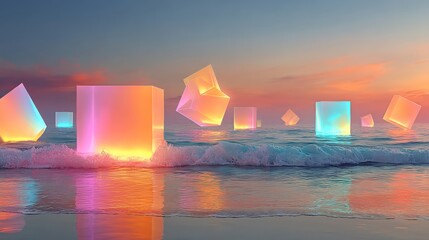 Glowing geometric cubes and shapes float on the ocean waves at sunset, casting vibrant colorful light onto the water and beach