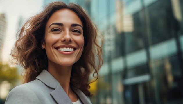 Happy Businesswoman Smiling In Close-Up Portrait Outside Office Building, Showing Bright And Positive Attitude In Professional Environment.