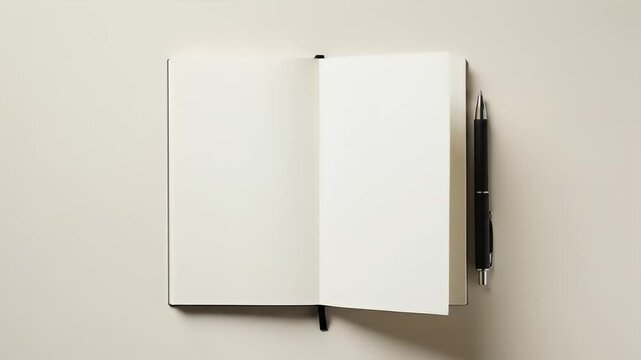 Open notebook and a pen on cream background, clean and simple layout, flat lay