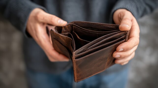 A person stands with an empty brown leather wallet in their hands, emphasizing financial emptiness as the natural light casts shadows on the textured surface