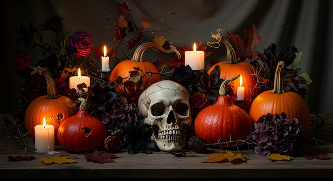 Candlelit Halloween altar with carved pumpkins, skull and autumn props — moody gothic seasonal still life