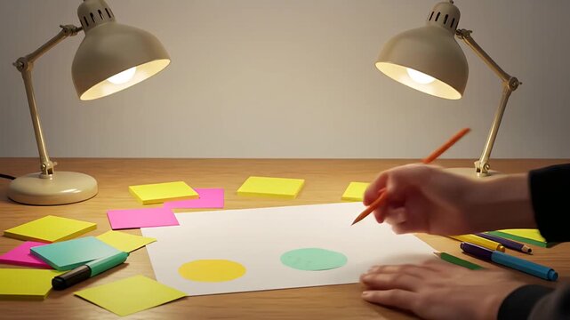 Desk scene with hands drawing circles, lit by lamps, with pens and notes