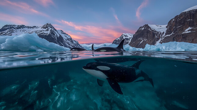 Orca whales swimming in arctic waters beneath dramatic pink and purple sunset sky with snow-capped mountains and icebergs.