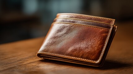 Closeup of a vintage brown leather wallet with card slots, showcasing texture and craftsmanship
