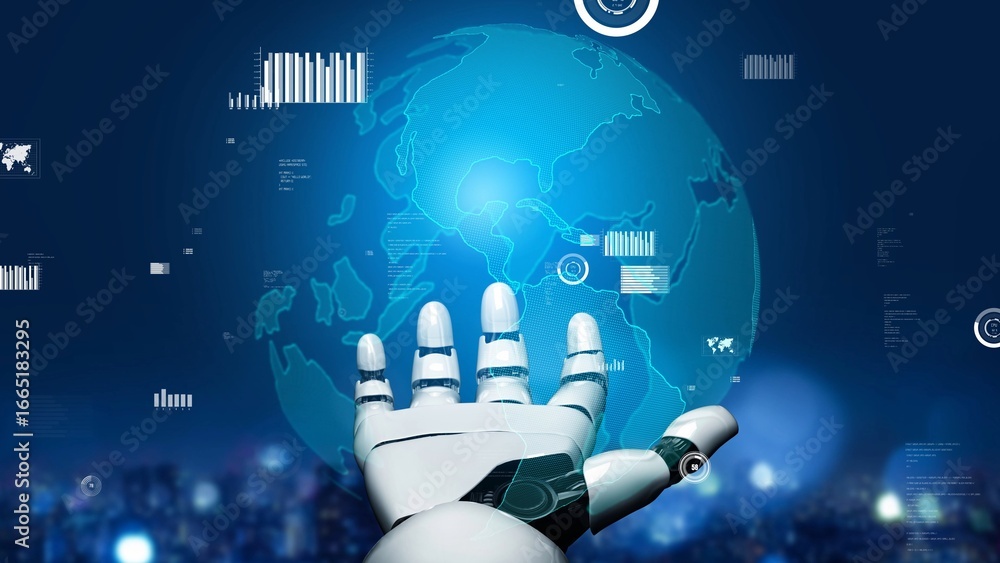 Poster futuristic robot hand reaching out towards a digital globe with data visualization and statistics in