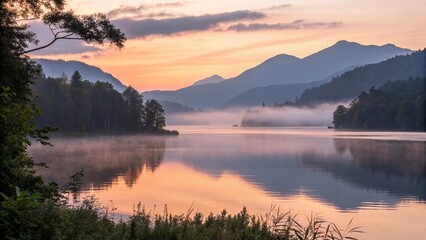 Fototapeta premium A peaceful lake surrounded by misty mountains at sunset, calm and tranquil natural scenery.