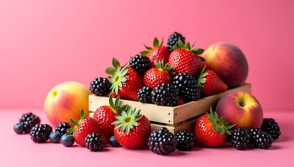 Fresh Summer Fruit Crate with Peaches, Berries, and Pink Background
