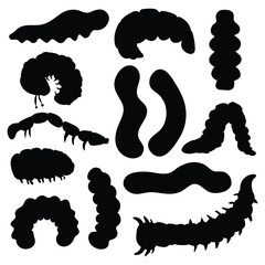 Set of flat line insect caterpillar icons. Outline signs for insects. Cute cartoon caterpillar coloring page. Vector black line illustration.