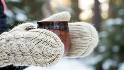 Hands in knit mittens hold a steaming mug in a snowy, blurred winter forest - Powered by Adobe