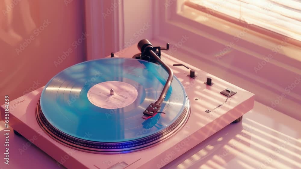 Poster a record player on a table with a view through the window