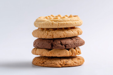 Stack of assorted homemade cookies with chocolate and peanut toppings on a light background
