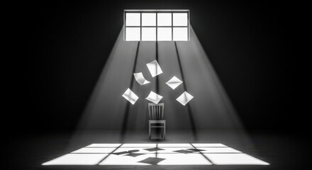 Abstract Illusion of Documents Floating in Spotlight