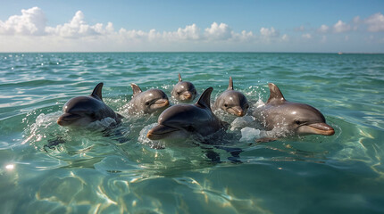 Fototapeta premium A pod of playful dolphins swimming in crystal clear turquoise water under a bright blue sky with fluffy white clouds. The sun glints on the water's surface.