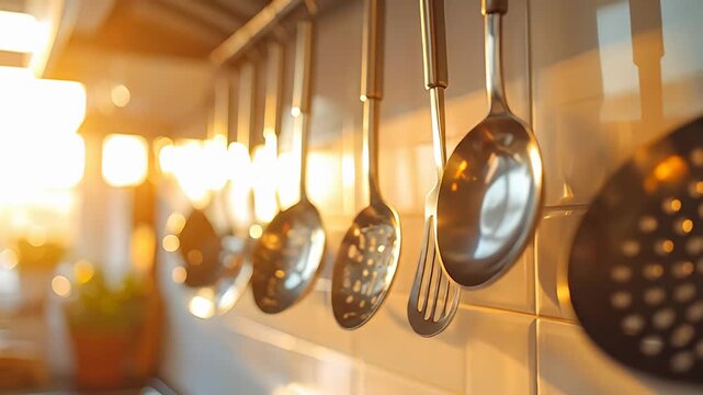 Kitchen utensils hanging against a tiled wall bathed in warm, glowing sunlight