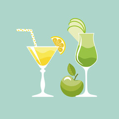 Beautiful alcoholic cocktails decorated with fruits.