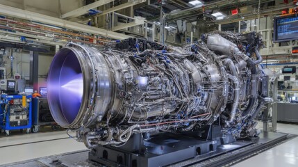 A detailed view of a high-performance jet engine is prominently displayed in a modern manufacturing facility, illustrating complex engineering and design
