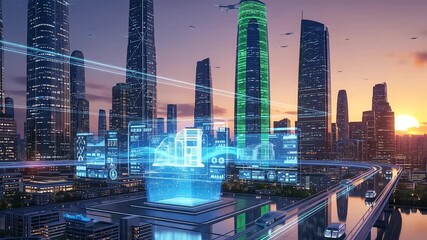 Futuristic smart city skyline with glowing holographic globe and digital technology connection - Powered by Adobe