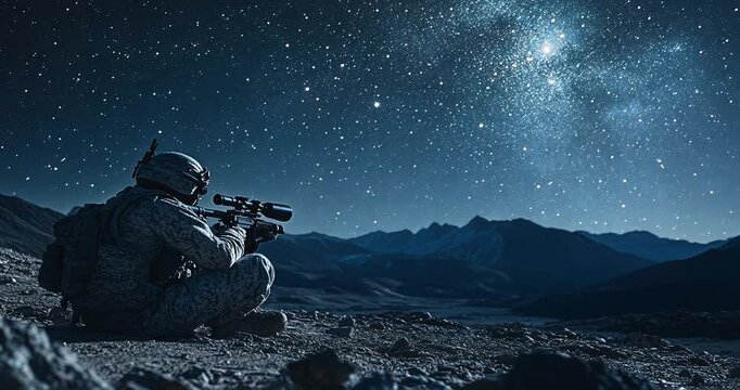 Military sniper under a starlit sky