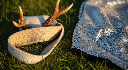 Antler headband and sequin jacket on grass in sunlight