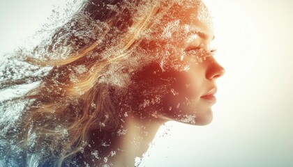 Stunning Blonde Woman Captured In Double Exposure With Shimmering Water Reflections - A Captivating And Ethereal Portrait.