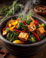 Hearty and flavorful stirfry featuring golden tofu, vibrant broccoli, and red bell peppers, seasoned with aromatic herbs