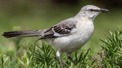 Obraz premium Close-up of a gray bird perched in green foliage.