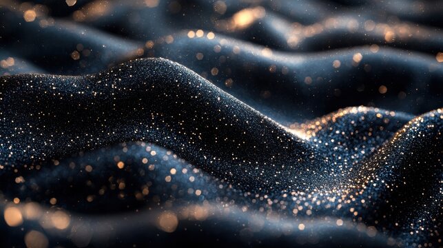 A mesmerizing spectacle of swirling silver glitter, defocused and shimmering, bathed in the ethereal glow of an unseen light source on a velvety black canvas, evoking a sense of luxury, elegance, 