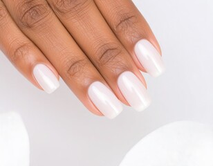 Close-up of manicured hands with light beige nails