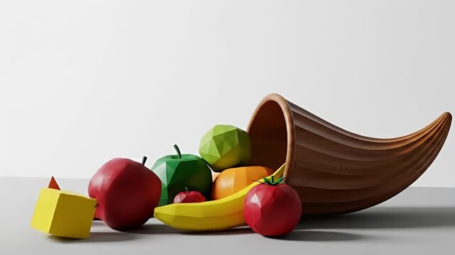 Low-poly cornucopia overflowing with fruit and geometric solids on gray and white background