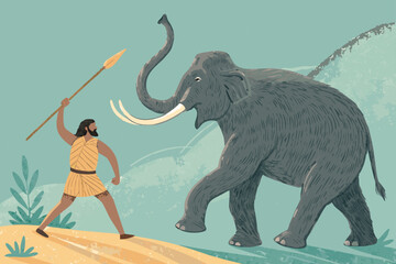 Prehistoric hunter pursues mammoth with spear.