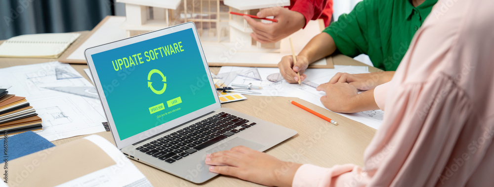Poster software update on computer for brisk version of device software upgrade