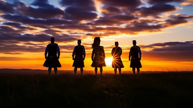 Five figures in kilts silhouetted against a vibrant sunset sky over a grassy field