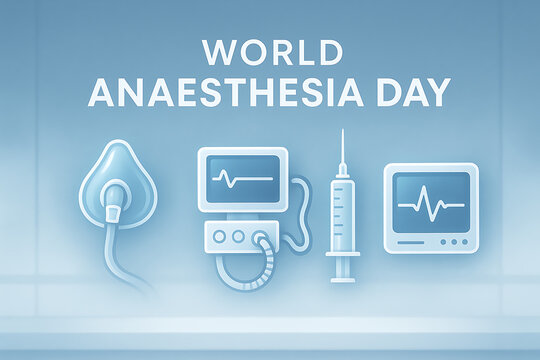 World anaesthesia day flat medical illustration with oxygen mask, syringe and patient monitor representing healthcare and surgery