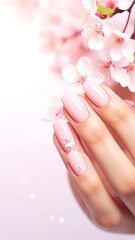 Close-up of pink nails with cherry blossom design