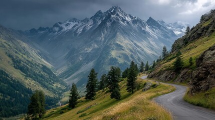 A winding mountain road leads through a lush green valley towards majestic snowcapped peaks under a dramatic cloudy sky