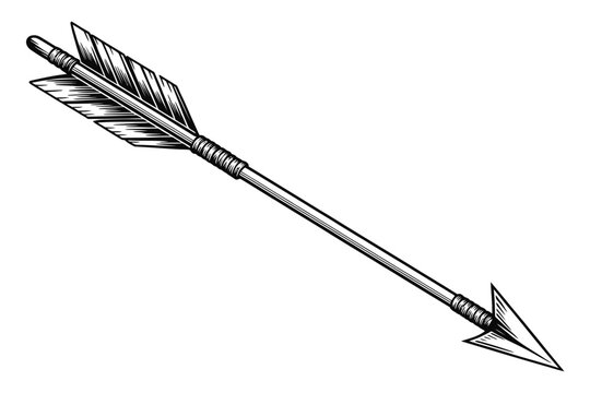 Detailed Black and White Illustration of an Arrow with Fletching