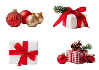 A festive collection of Christmas gifts, red and gold ornaments, pinecones, and evergreen branches isolated on a transparent background.