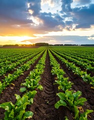 Obraz premium Rows of Sugar Beets at Sunset Under a Dramatic Sky
