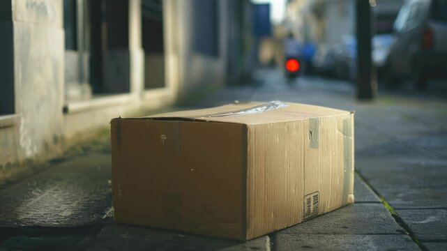 A used cardboard box left on the sidewalk, possibly containing discarded items