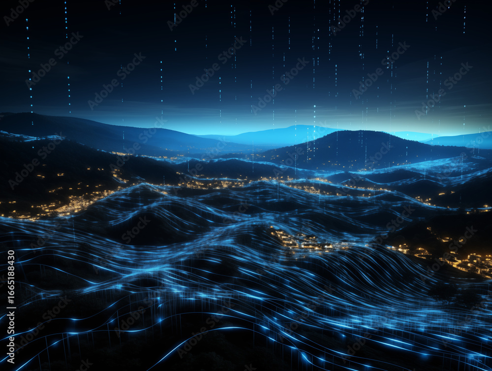 Poster dynamic digital landscape representing data flow and technological innovation with glowing blue line