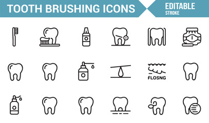 Editable icons representing various tooth brushing and dental care items.