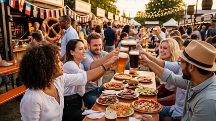 Festival crowd cheers with beer, surrounded by food booths, flags, and warm lights