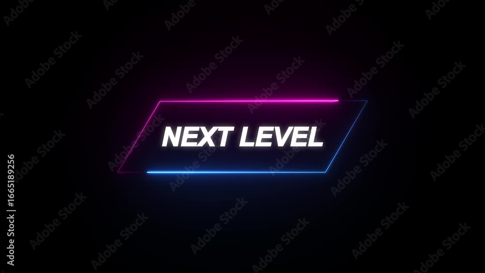Aufkleber glowing neon next level text animation on black background. game concept next level. level up text i