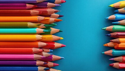 Colorful pencils arranged in two rows, creating a symmetrical border on a vibrant blue background