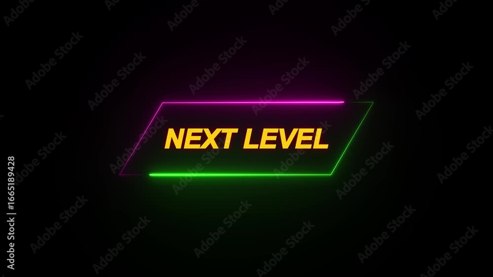 Poster glowing neon next level text animation on black background. game concept next level. level up text i