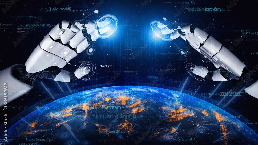 Poster this striking image portrays futuristic robots exchanging data above a glowing earth, symbolizing th