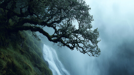 Fototapeta premium A waterfallâs mist forming the outline of a giant tree with branches