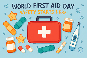 World first aid day poster with medical kit, pills, bandages and healthcare icons promoting emergency medical safety awareness