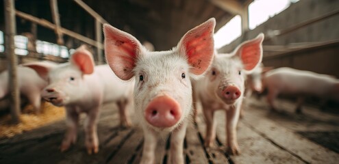 Curious piglets in a barn looking directly at the camera. Close-up shot with shallow depth of field, showing clean, healthy pigs in a farm environment with natural light
